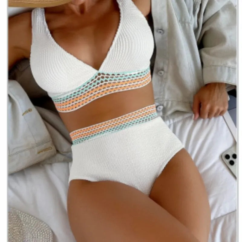 Women's high waist split bikini in solid colour with nylon fabric showing front and back views