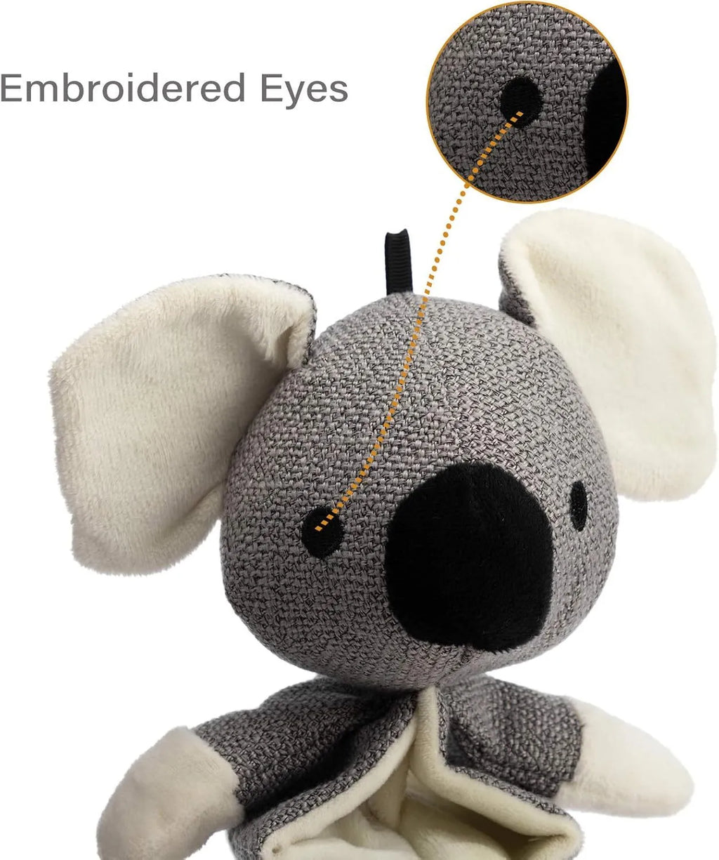 Grey koala plush dog toy measuring 30cm with crinkle paper squeaker and rope reinforcement