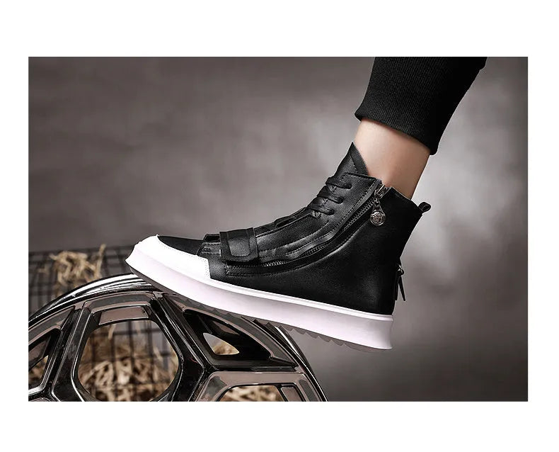 Black and white PU leather men's winter ankle boots in a high-top sneaker style on a size chart.