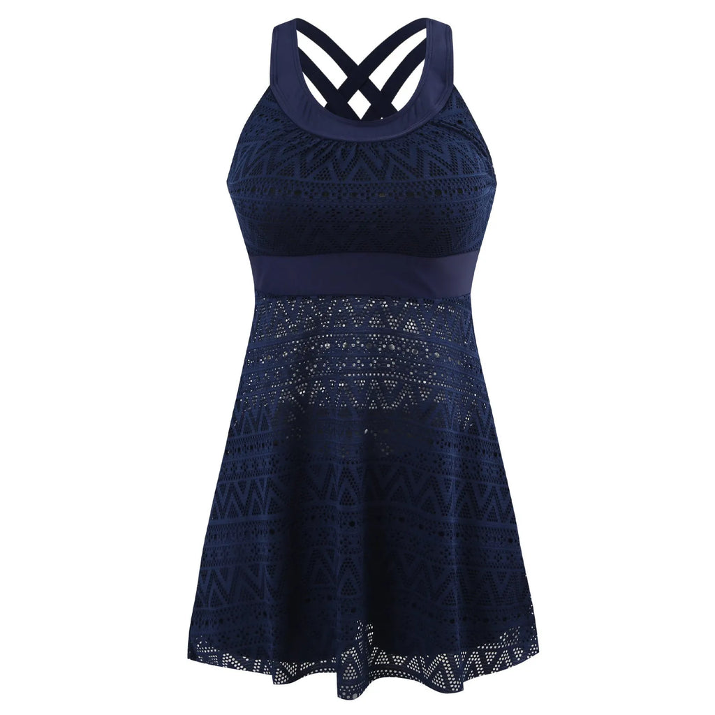 Conservative black split swimsuit for women on a mannequin, showing the slimming one-piece briefs style.