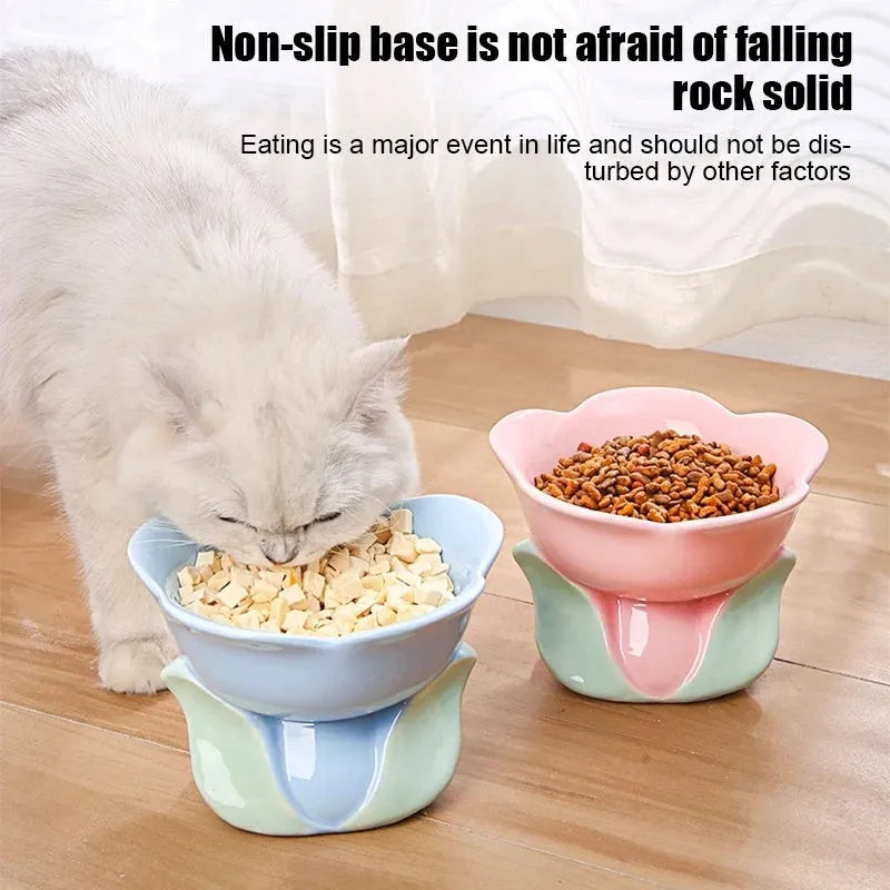 Blue floral patterned raised ceramic pet bowl for cats and dogs on a non-slip base.
