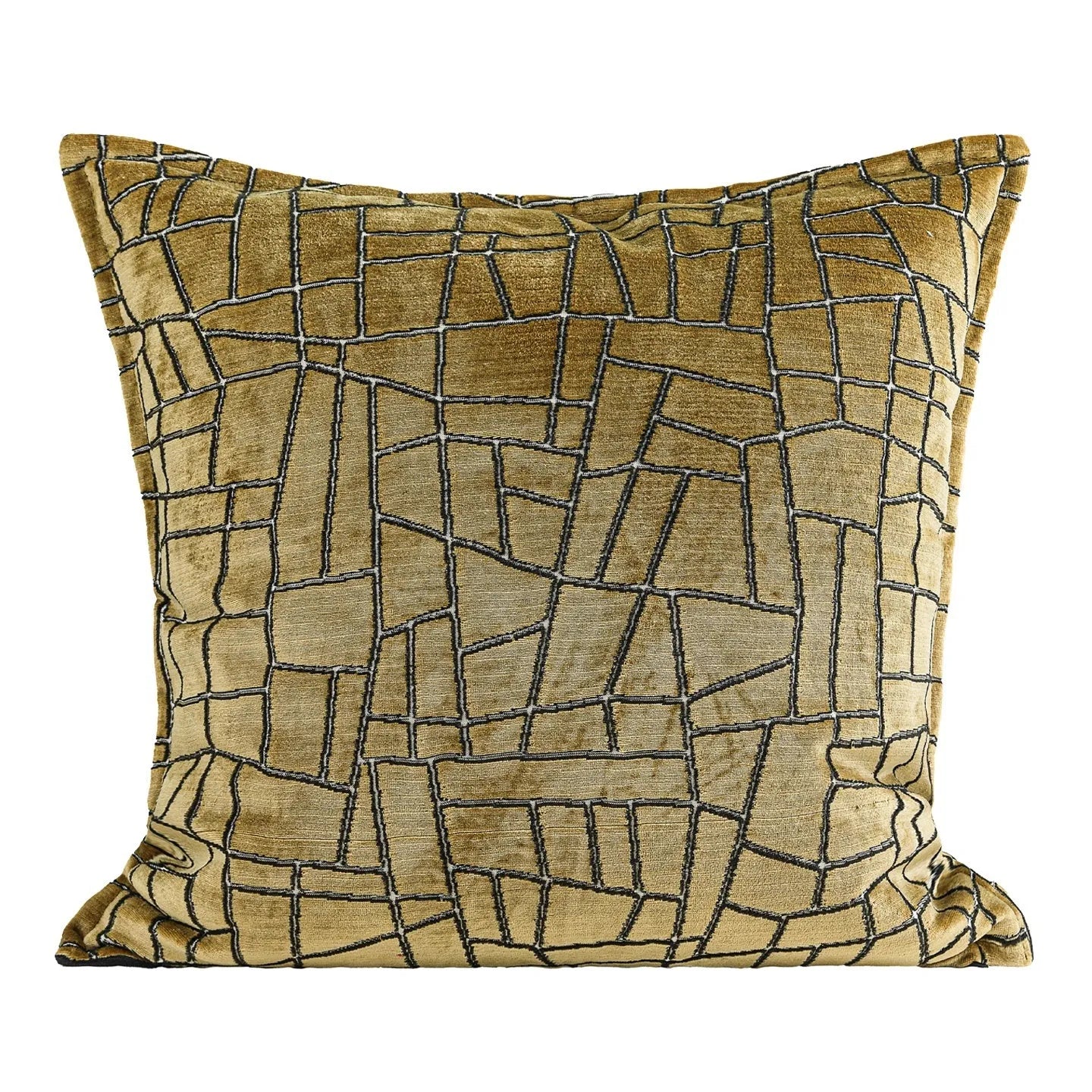 Gold geometric abstract pattern on square and rectangular polyester cushion covers.