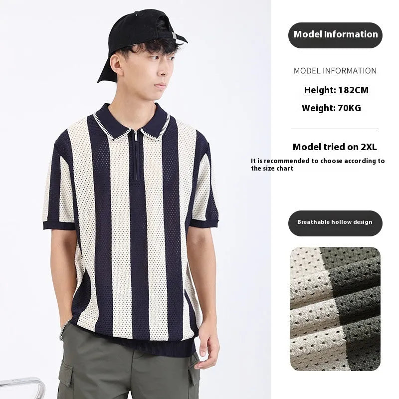 Man wearing a striped short sleeve ice silk sweater with a zipper decoration detail.