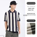 Man wearing a striped short sleeve ice silk sweater with a zipper decoration detail.