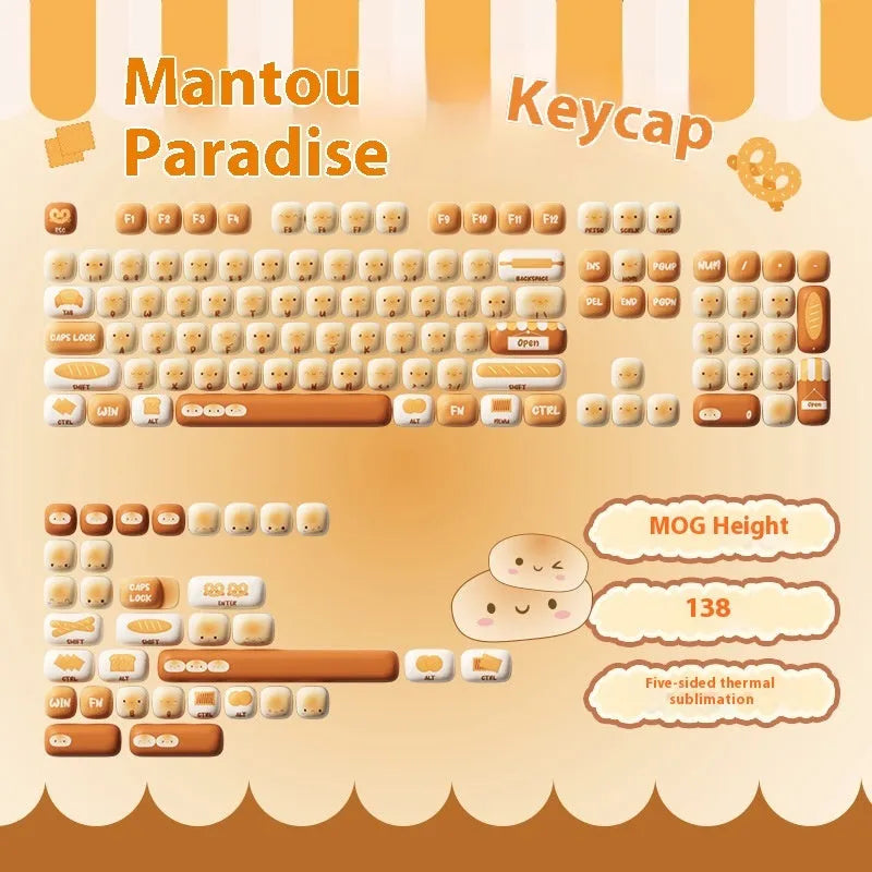 Sublimation printed cartoon pig party themed keycap set for mechanical keyboard, showing full 138-key layout.