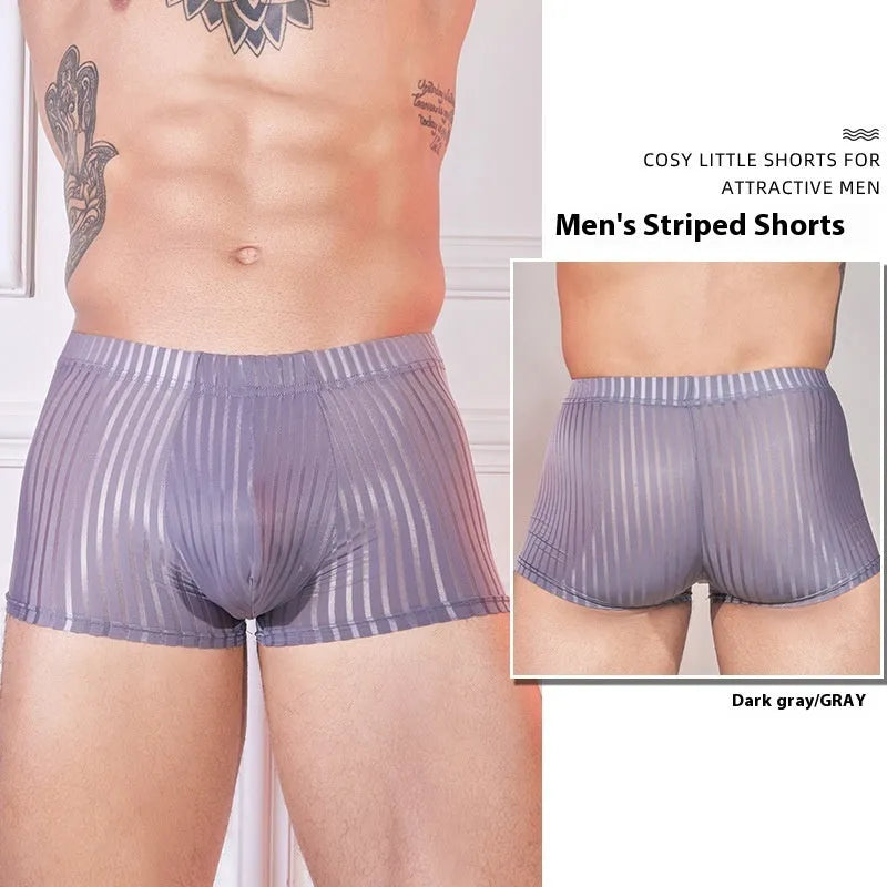 Men's striped transparent nylon underwear in black, white, and dark grey colours