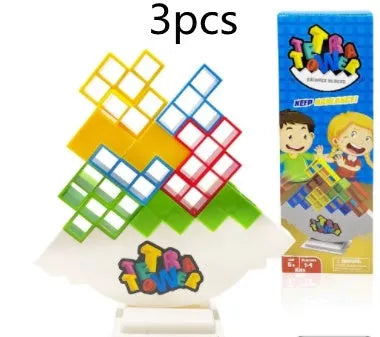 Plastic balance stacking board game with 16 colourful blocks, chassis, and base in a 26.5cm square box.