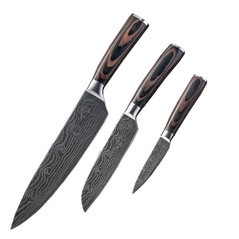 Kitchen chef knife with laser Damascus pattern on 7CR17 stainless steel blade and colour steel handle