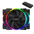 Three black 120mm RGB PC case fans with illuminated blades, shown as a set.