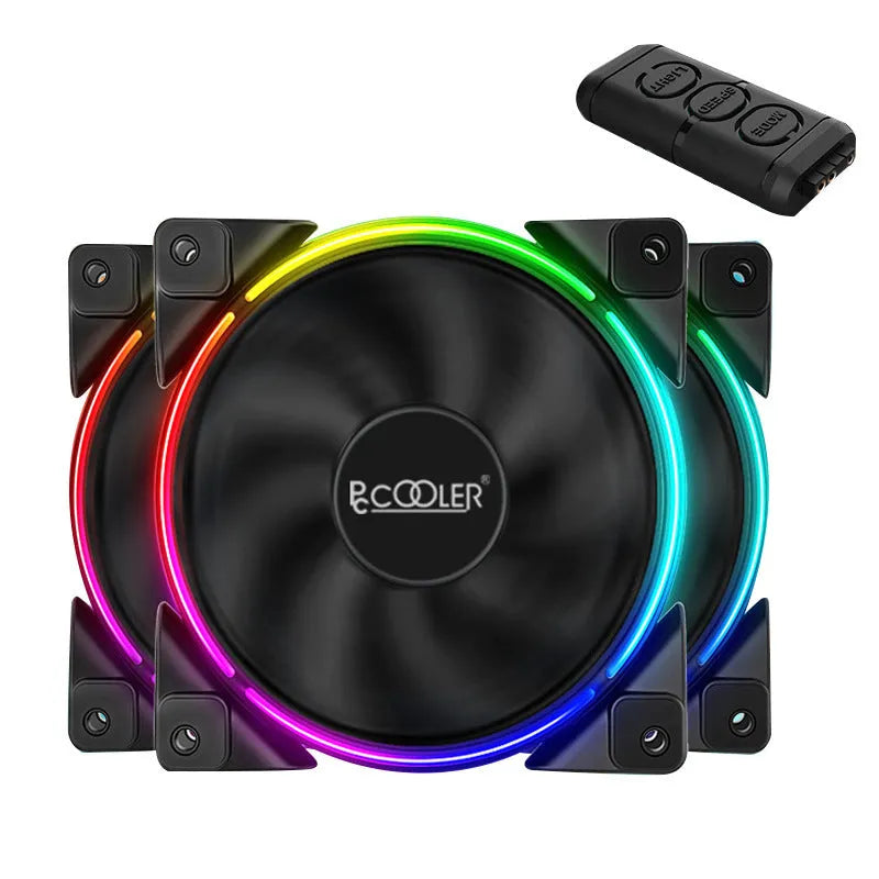 Three black 120mm RGB PC case fans with illuminated blades, shown as a set.