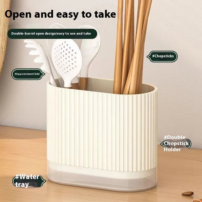 Cross-ventilation chopsticks holder with wall-mounting cage for kitchen utensil organisation in plastic construction