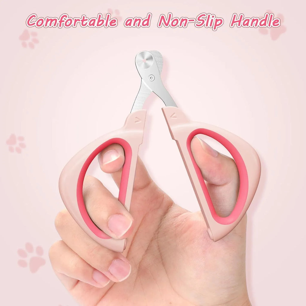 Cat nail clipper with positioning hole and non-slip handle in blue or pink colour