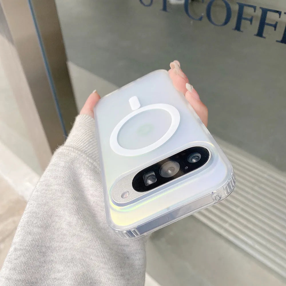 Colourful laser-frosted matte phone case for Google smartphones on a dark surface