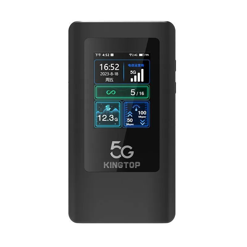 Black 5G portable Wi-Fi router with LCD screen, showing a compact design with a Type-C port and power button.