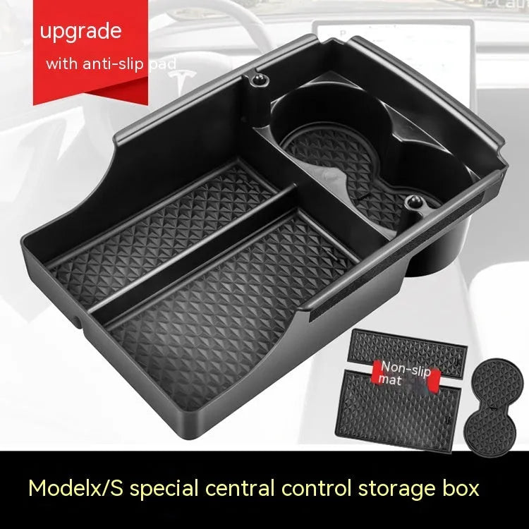 Plastic storage box designed for retrofitting into a Tesla Model 3, S, or X central control armrest.