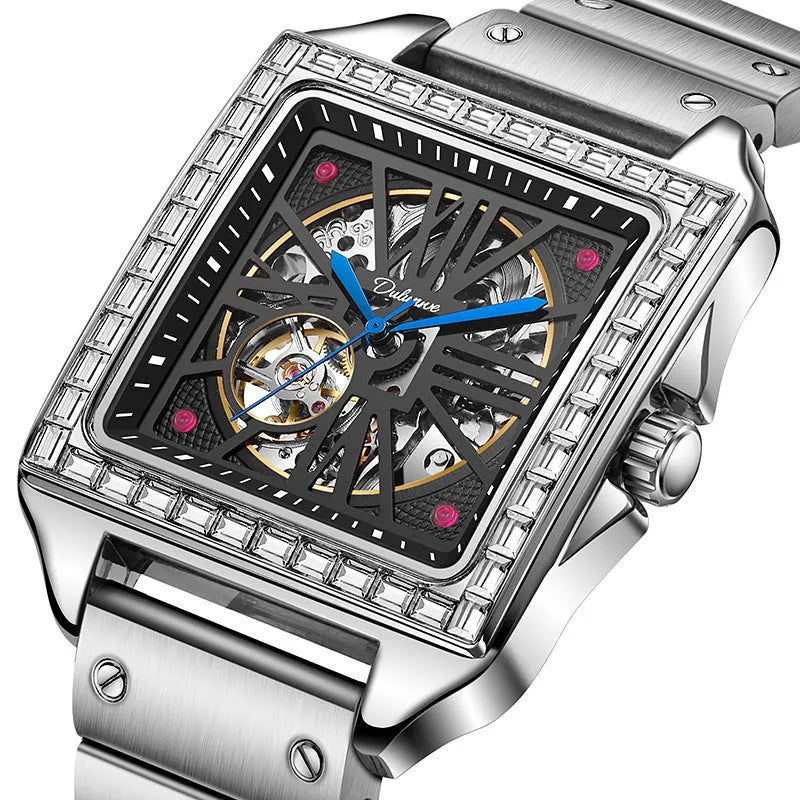 Men's square automatic watch with diamond detailing on stainless steel or leather strap