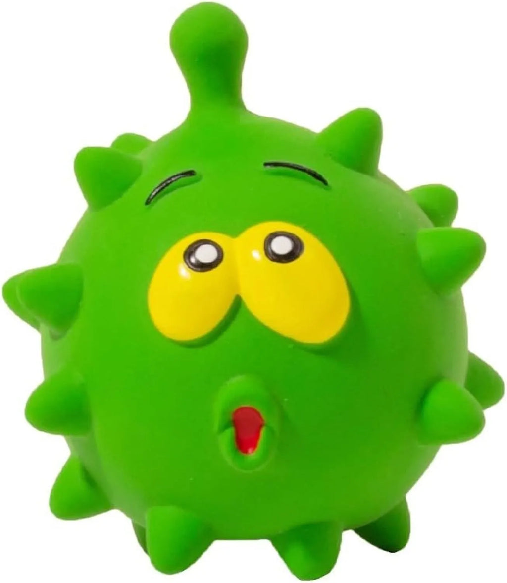 Four colourful squeaky dog balls with cute faces on natural latex rubber with bumpy dental-cleaning surface