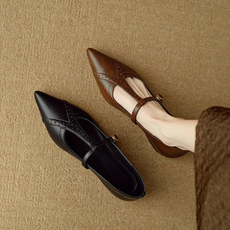 Brown pointed toe low-cut flat shoes with metal detail and soft sole