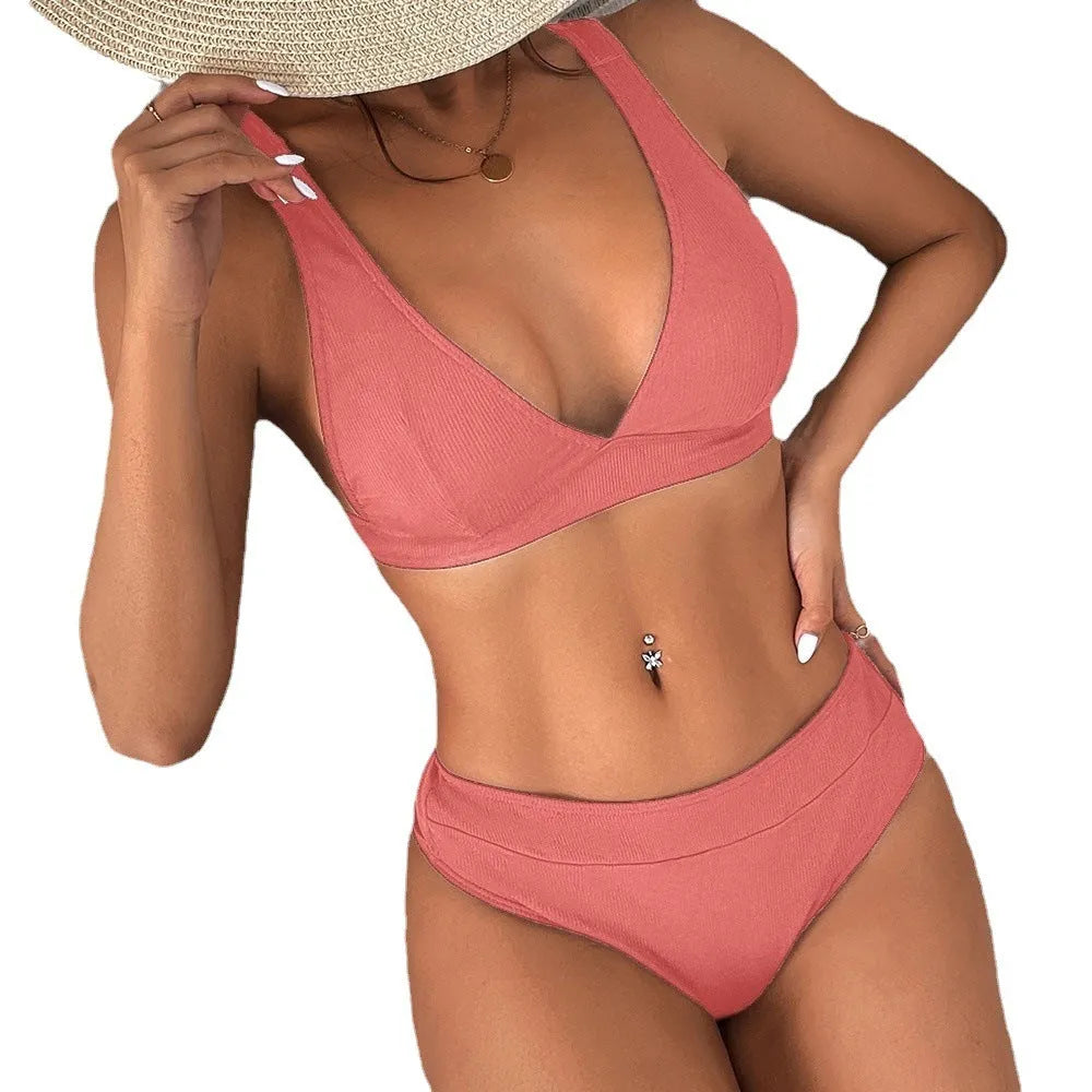 Women's lace-up split front bikini swimsuit in rib fabric available in multiple colours and styles