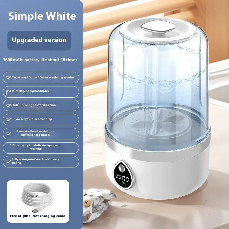 White portable mini washing machine with USB cable on a countertop