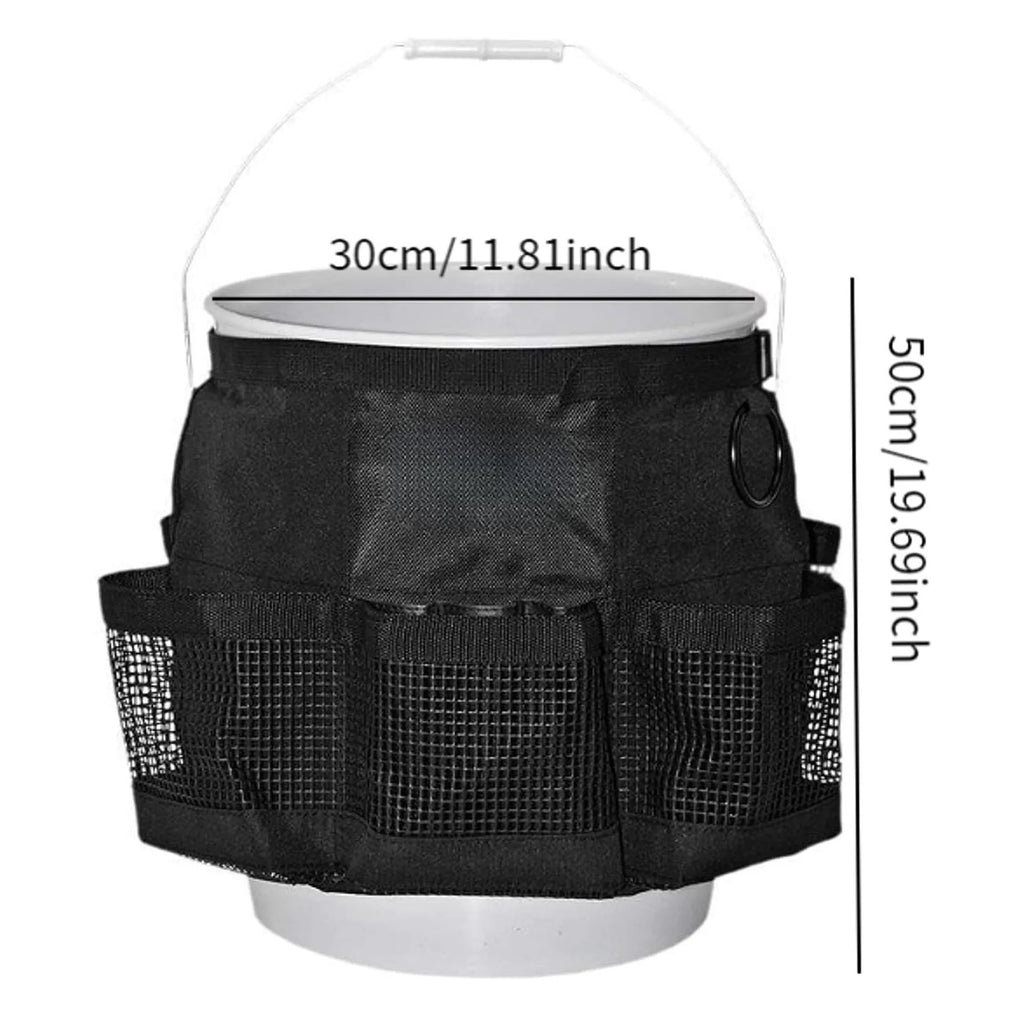 Black cylindrical hanging storage bag designed for 5 gallon barrels with car washing tools
