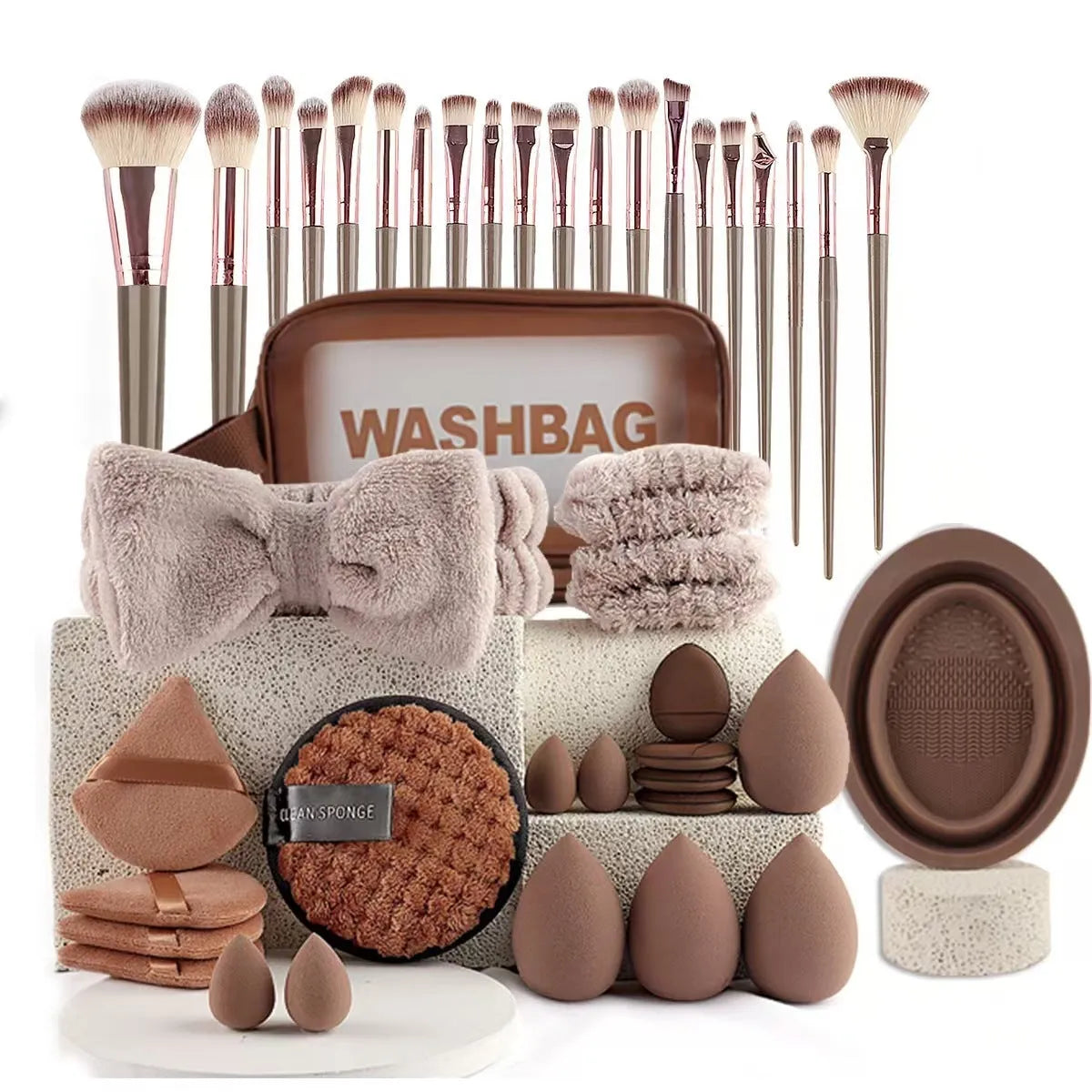 Hydrophilic non-latex beauty tools combination set with multiple cosmetic applicators for face washing and makeup