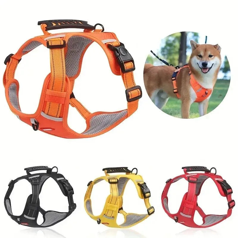 Polyester dog chest harness traction rope in red, shown in a medium size on a dog