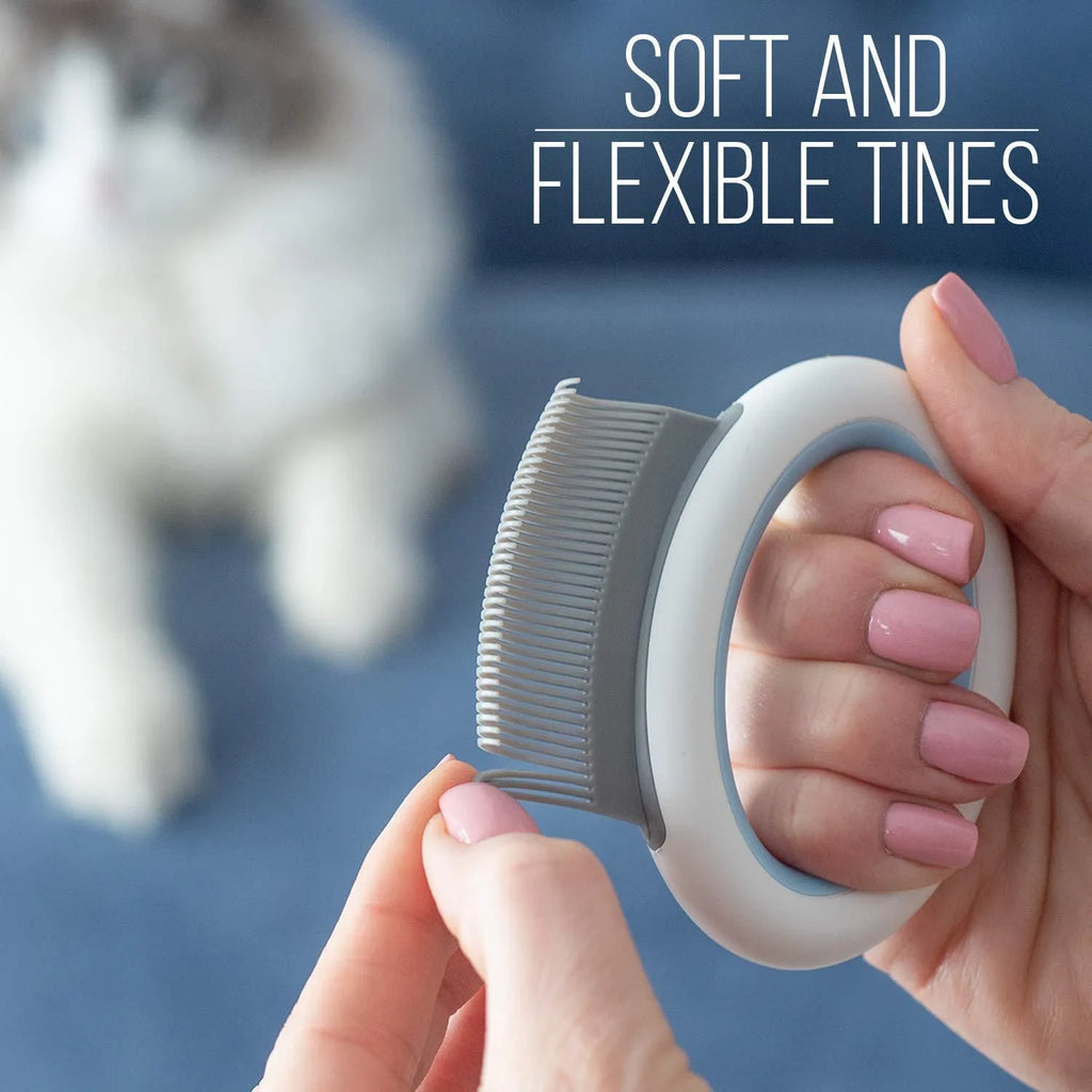 Blue plastic pet deshedding comb with ergonomic handle for grooming cats and dogs