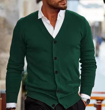 Men's slim fit acrylic cardigan in light grey, shown as a long-sleeved sweater coat open at the front.