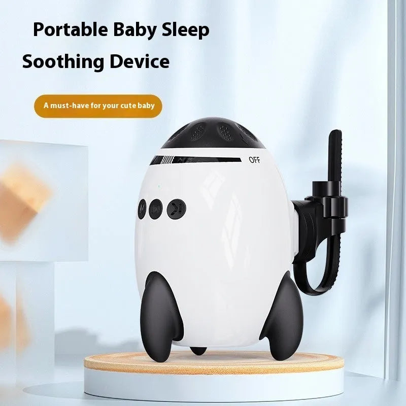 White ABS plastic baby sleep comforter device showing automatic shaking and Bluetooth features for nursery use.
