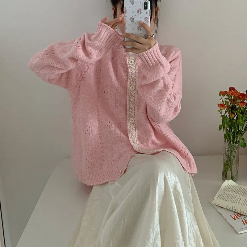 Korean artistic retro style sweater coat in viscose fibre fabric with loose fit and cardigan design