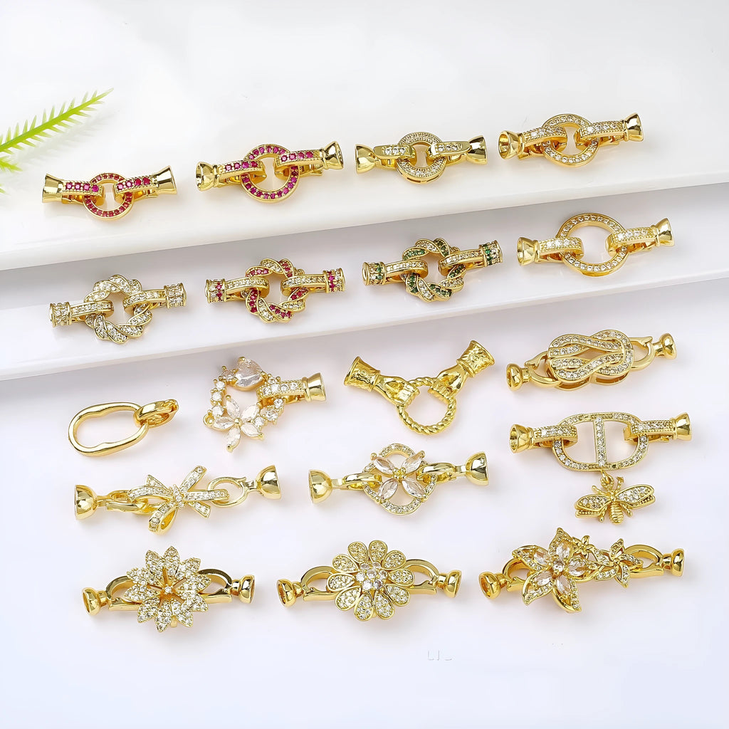 Small gold-plated chain buckle for DIY jewellery, shown in gold, rose gold, and silver colour options.