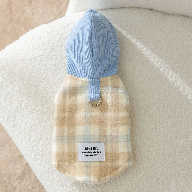 Blue chessboard grid corduroy hooded vest for small dog with traction hood design