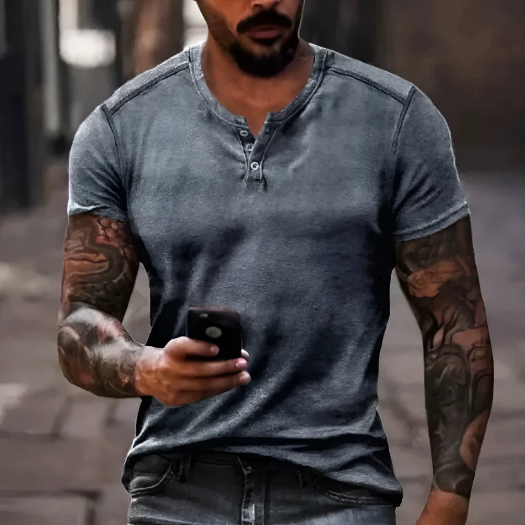 Men's short sleeve sports shirt with 3D printed pattern and lapel button in polyester fabric