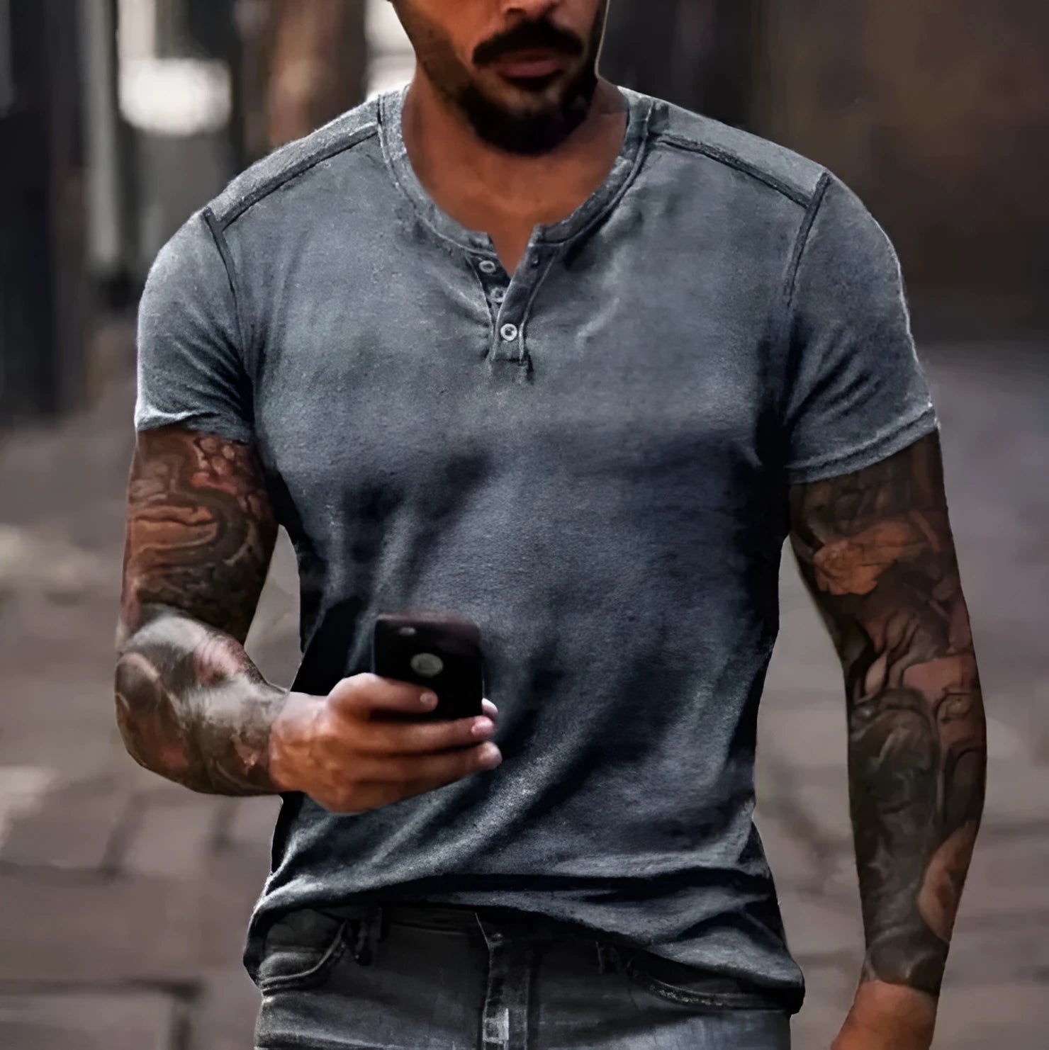 Men's short sleeve sports shirt with 3D printed pattern and lapel button in polyester fabric