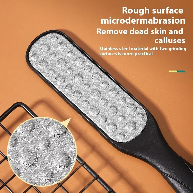 Stainless steel double-sided foot grinder tool for callus removal and foot care.