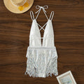 White deep V neck one-piece swimsuit with tassel detailing on woman