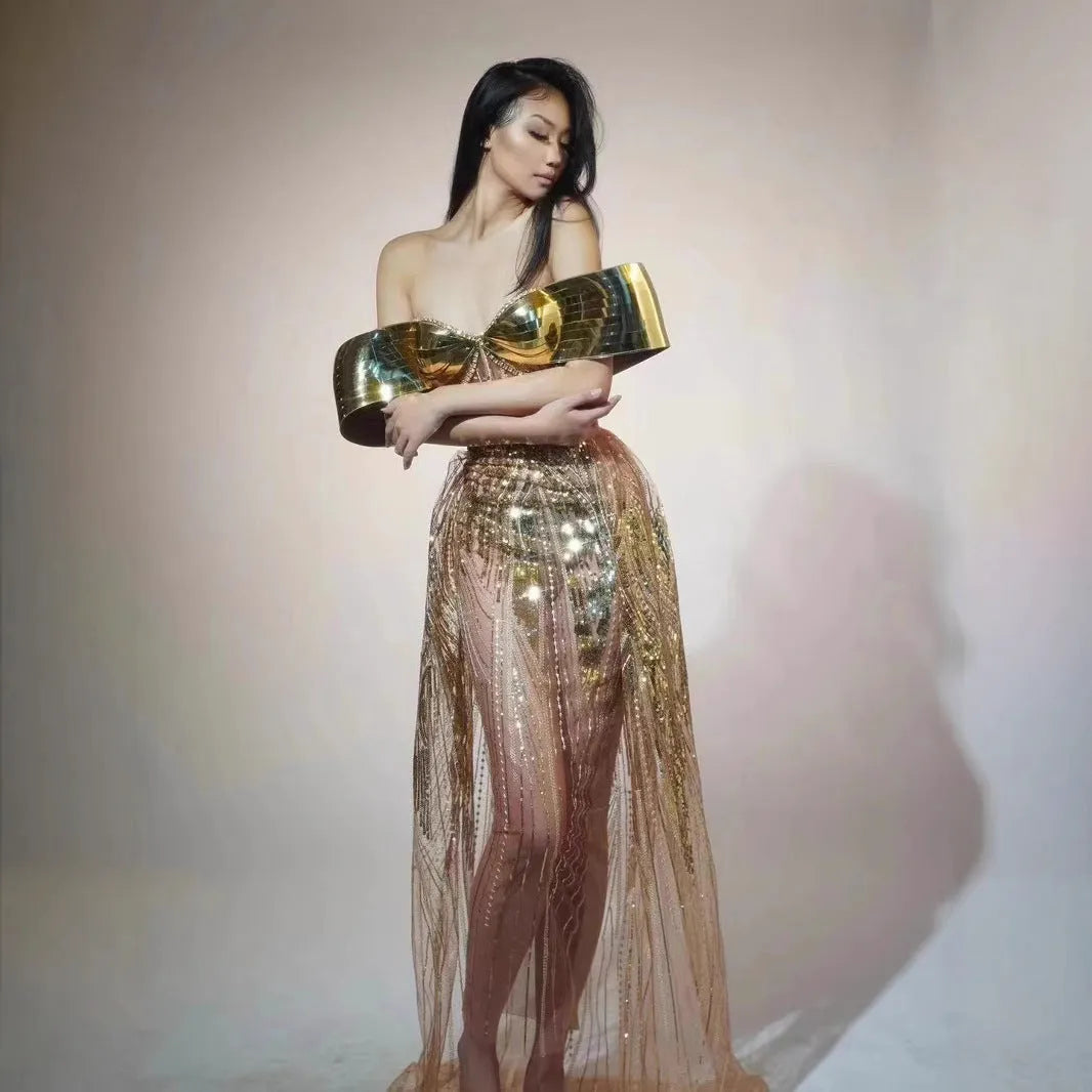Gold sequined strapless evening dress with high-leg split and tulle underlay