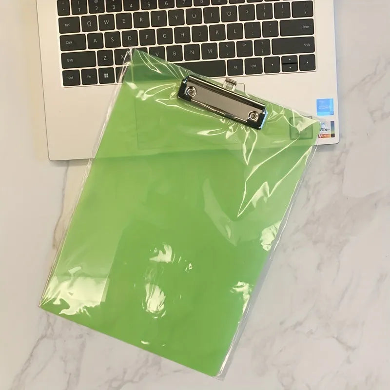 Transparent A4 plate holder with metal clip showing document visibility and colour options