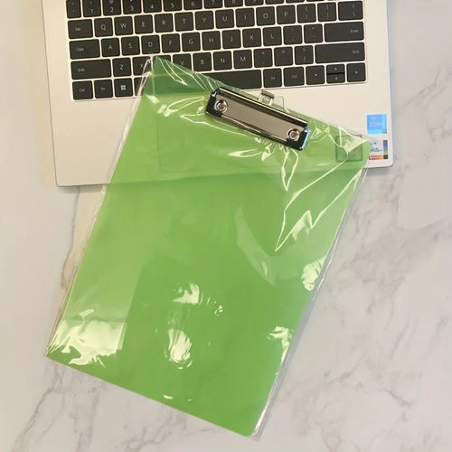 Transparent A4 plate holder with metal clip showing document visibility and colour options