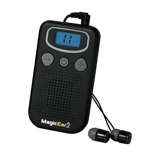 Magic Ear Personal Voice Enhancer, a brilliant coloured digital hearing aid booster with a design like a handheld FM radio.