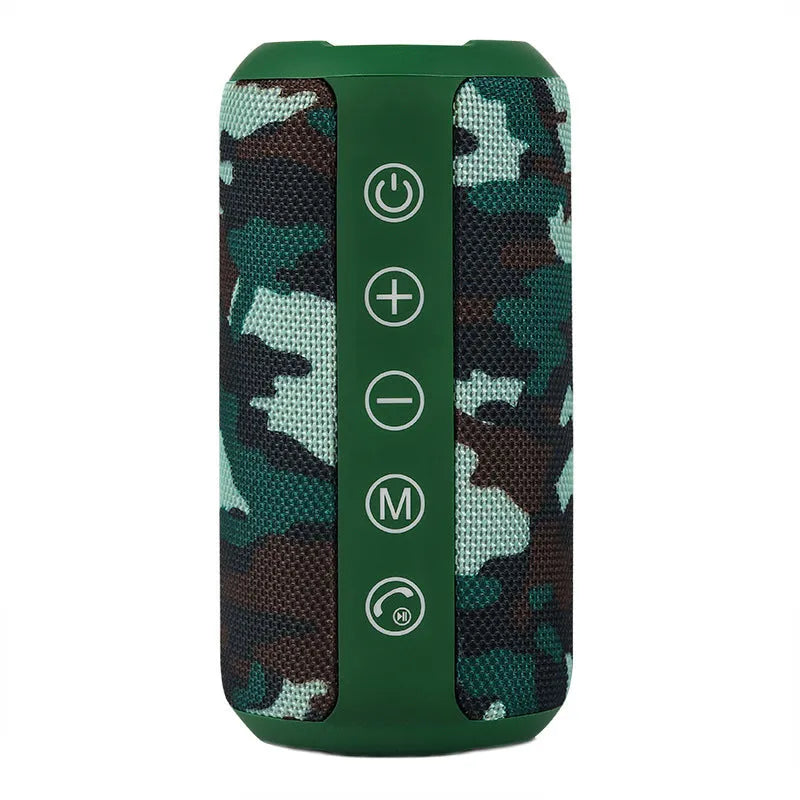 Waterproof portable outdoor Bluetooth speaker in black colour with buttons for playback and connectivity options.