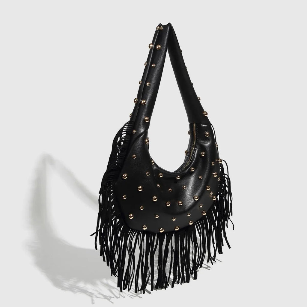 Retro personalised tassel shoulder handbag in black or wine red with internal phone pocket