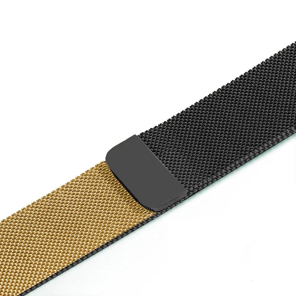Stainless steel watch replacement strap in silver, shown next to black, gold, and rose gold options.