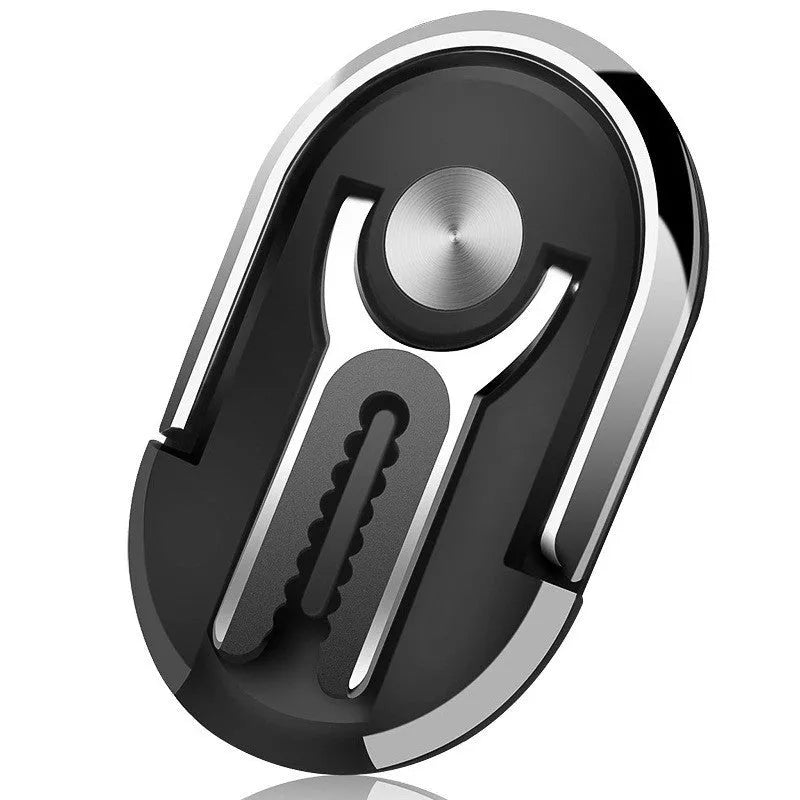 Black universal car phone bracket mounted on car vent holding smartphone