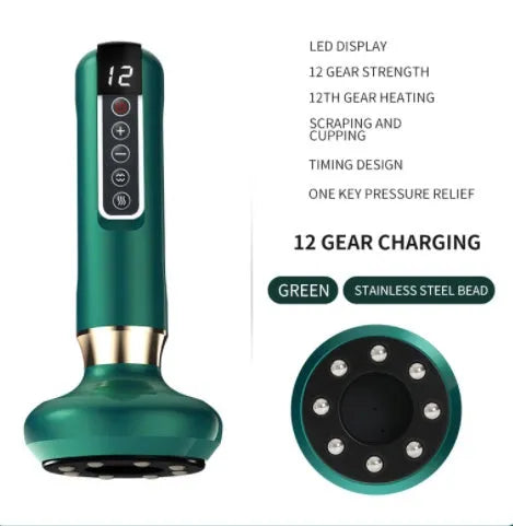 Green electric vacuum cupping massager device with suction cups and USB charger.