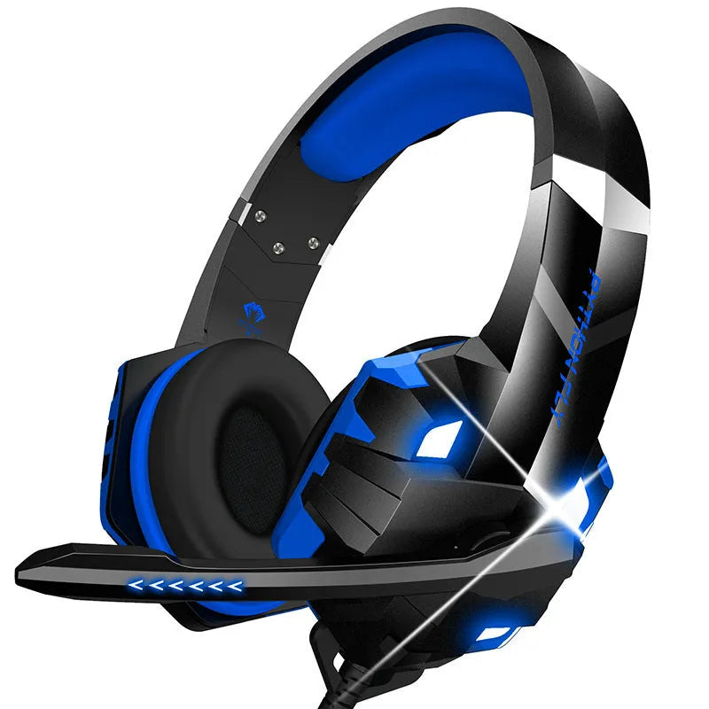 Blue wired computer gaming headset with microphone and LED lighting effects on black background