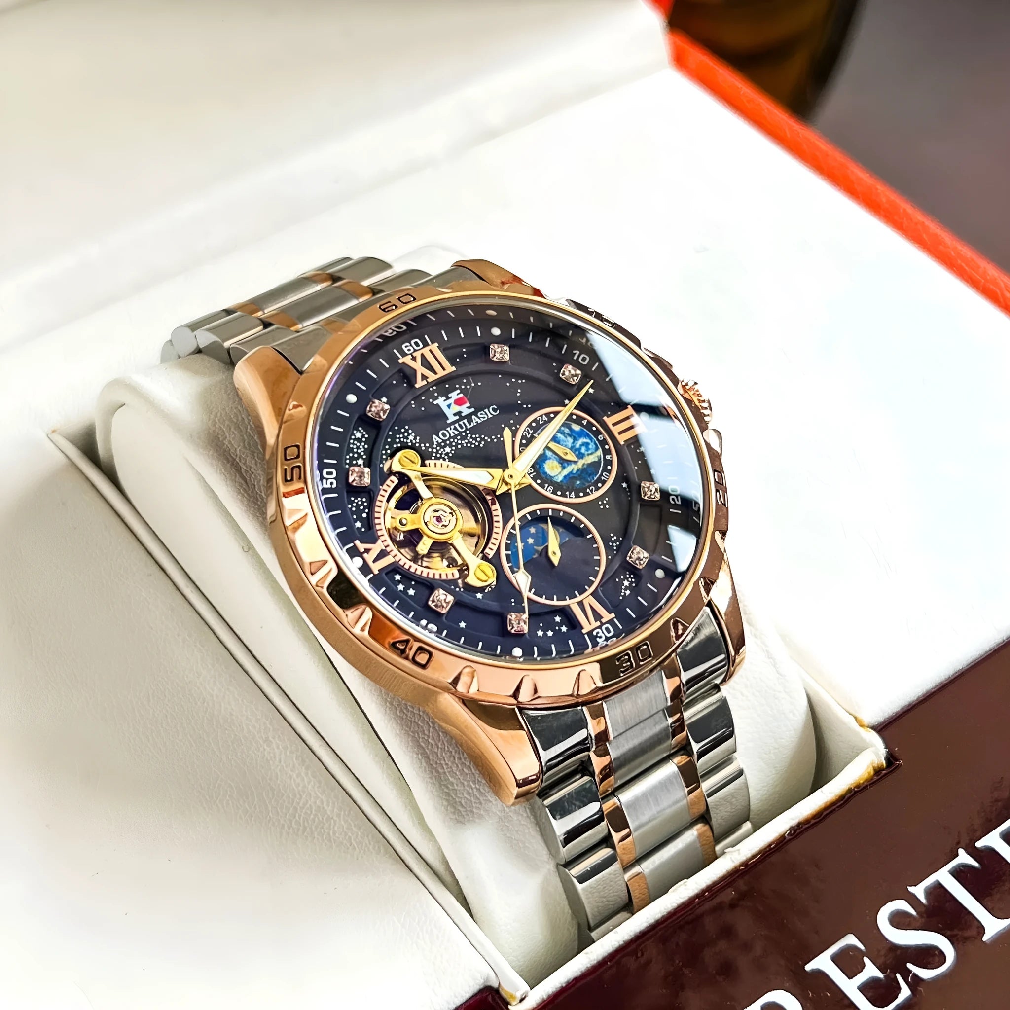 Men's automatic mechanical watch with rose gold shell case and large black dial, 12mm thickness