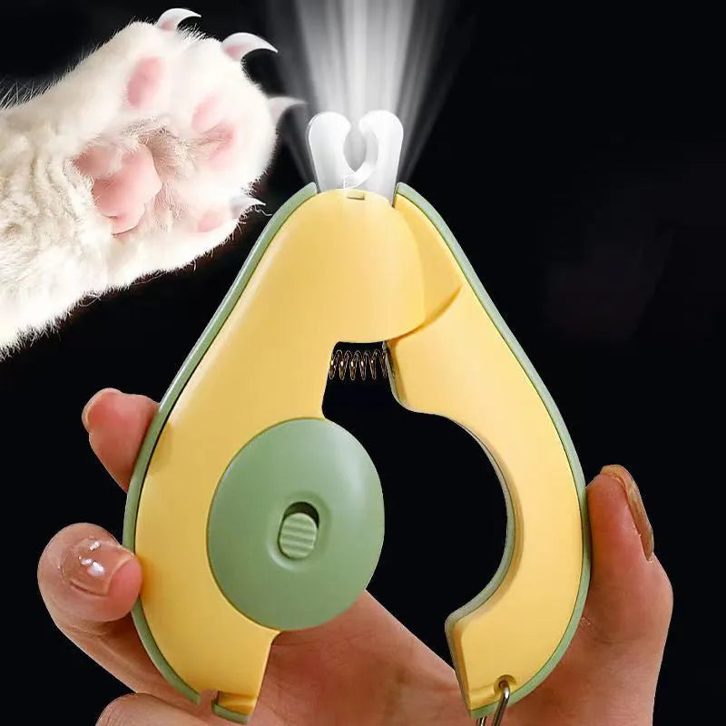 Professional pet nail clipper with LED light on, showing green handle and stainless steel blades for small dogs and cats.