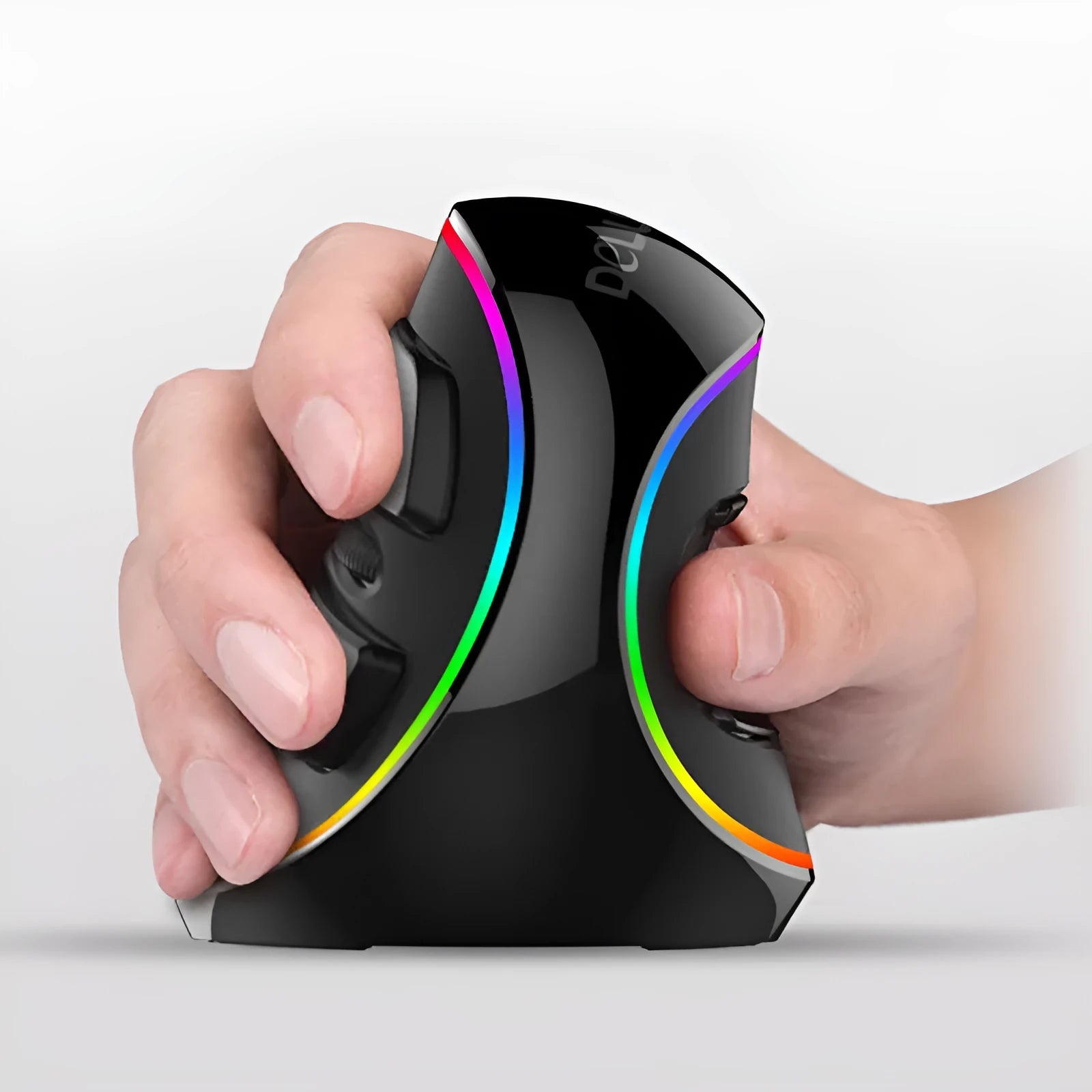 Symphony version vertical ergonomic wired computer mouse with USB cable and RGB lighting.